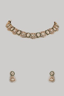 Gold Finish Uncut Zircon & Green Stone Choker Necklace Set
