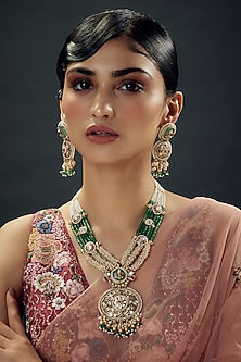 Gold Finish Uncut Zircon & Emerald Beaded Pendant Jadtar Necklace Set