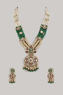 Gold Finish Uncut Zircon & Emerald Beaded Pendant Jadtar Necklace Set