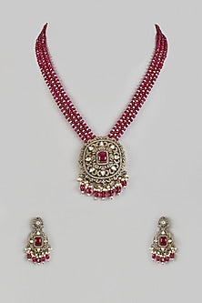 Victorian Finish Uncut Zircon & Pink Beaded Pendant Necklace Set