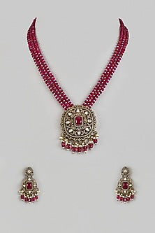Victorian Finish Uncut Zircon & Pink Beaded Pendant Necklace Set