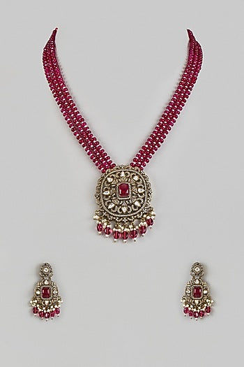 Victorian Finish Uncut Zircon & Pink Beaded Pendant Necklace Set