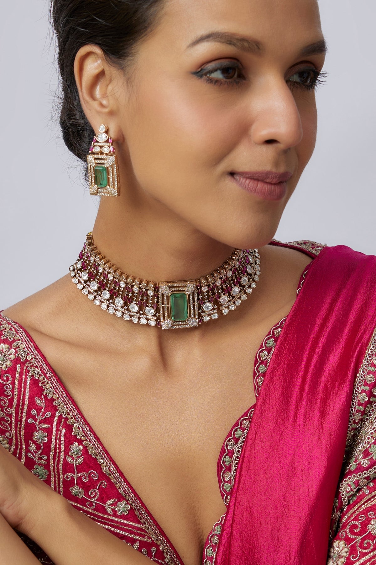 Victorian Finish Uncut Zircon & Synthetic Ruby Stone Choker Necklace Set