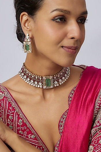 Victorian Finish Uncut Zircon & Synthetic Ruby Stone Choker Necklace Set