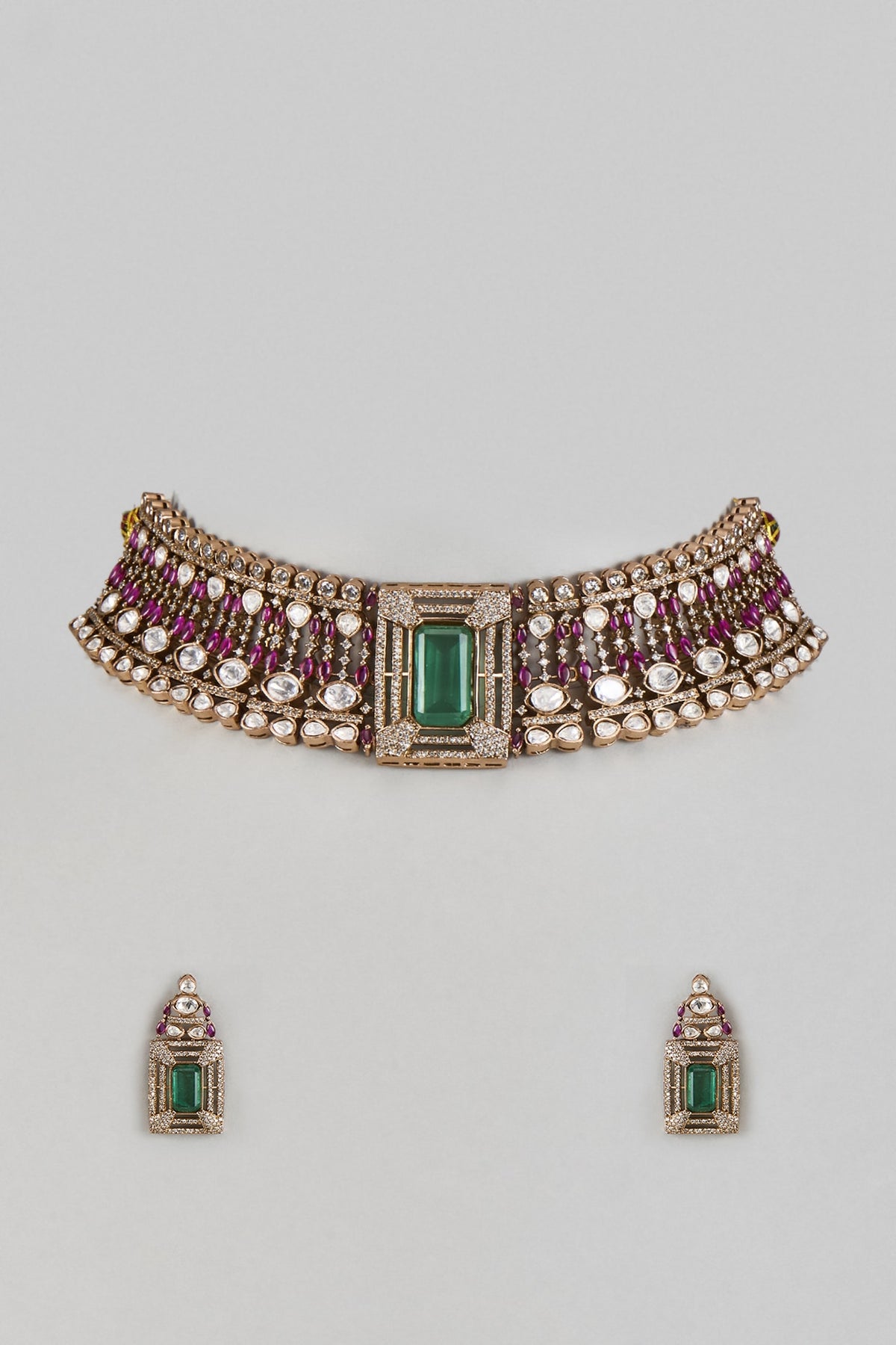 Victorian Finish Uncut Zircon & Synthetic Ruby Stone Choker Necklace Set
