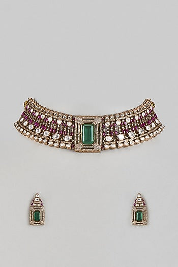 Victorian Finish Uncut Zircon & Synthetic Ruby Stone Choker Necklace Set