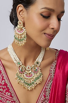 Gold Finish Uncut Zircon & Pink Synthetic Stone Choker Necklace Set