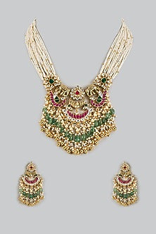 Gold Finish Uncut Zircon & Pink Synthetic Stone Choker Necklace Set