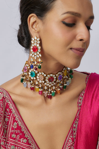 Victorian Finish Uncut Zircon & Multi-Colored Semi-Precious Stone Choker Necklace Set