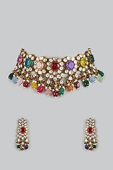 Victorian Finish Uncut Zircon & Multi-Colored Semi-Precious Stone Choker Necklace Set