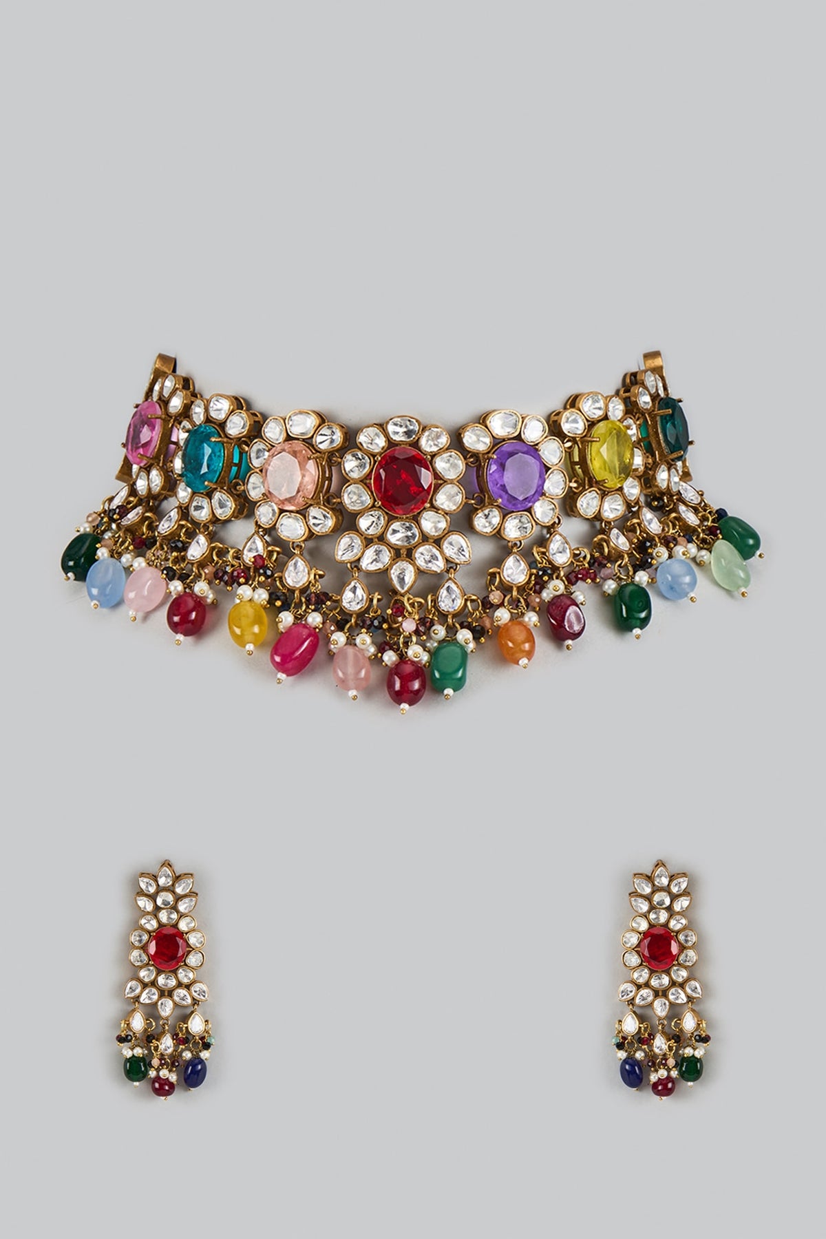 Victorian Finish Uncut Zircon & Multi-Colored Semi-Precious Stone Choker Necklace Set