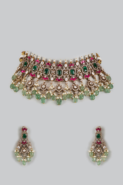 Victorian Finish Uncut Zircon Beaded Choker Necklace Set