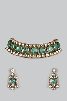 Victorian Finish Uncut Zircon & Mint Green Semi-precious Stone Choker Necklace Set
