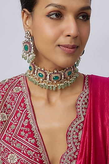 Victorian Finish Uncut Zircon & Emerald Stone Beaded Choker Necklace Set