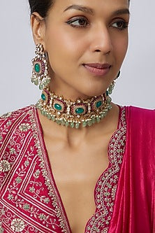 Victorian Finish Uncut Zircon & Emerald Stone Beaded Choker Necklace Set