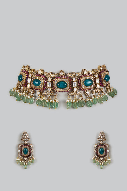 Victorian Finish Uncut Zircon & Emerald Stone Beaded Choker Necklace Set