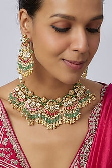 Gold Finish Uncut Zircon & Pink Semi-Precious Stone Choker Necklace Set