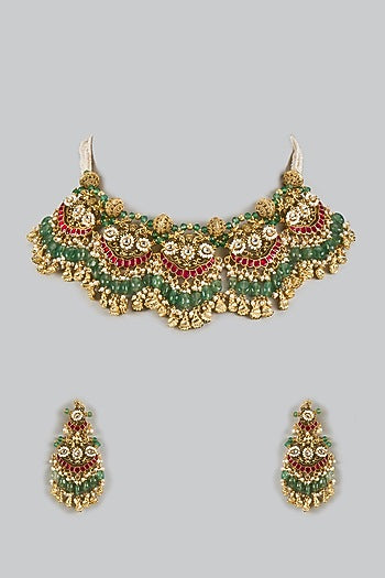 Gold Finish Uncut Zircon & Pink Semi-Precious Stone Choker Necklace Set