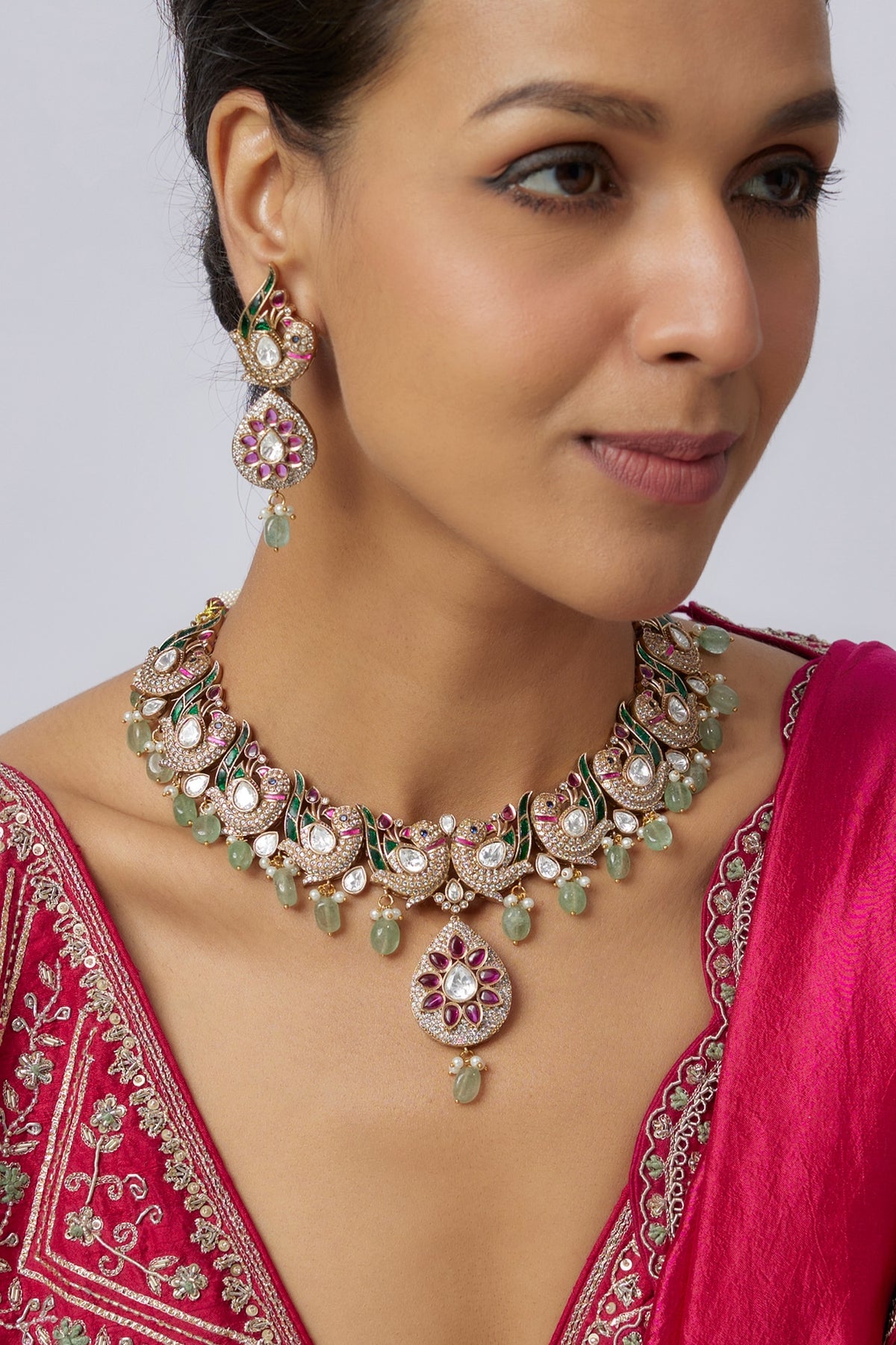 Victorian Finish Uncut Zircon & Ruby Synthetic Stone Choker Necklace Set
