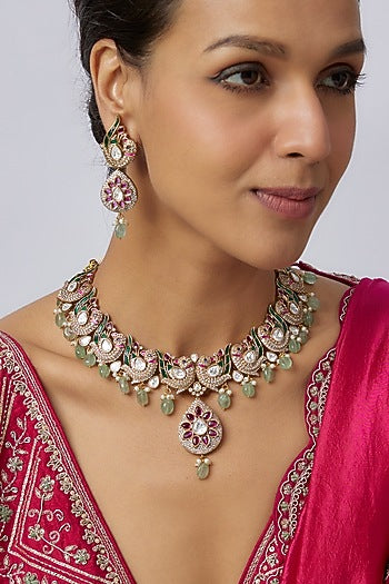 Victorian Finish Uncut Zircon & Ruby Synthetic Stone Choker Necklace Set
