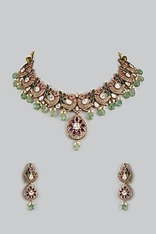 Victorian Finish Uncut Zircon & Ruby Synthetic Stone Choker Necklace Set