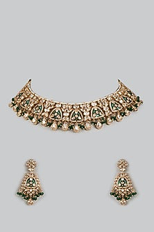Gold Finish Uncut Zircon & Emerald Synthetic Stone Green Enameled Choker Necklace Set