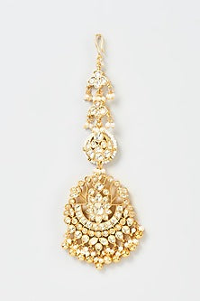 Gold Finish Yellow Kundan Polki & Pearl Maang Tikka