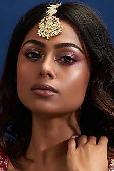 Gold Finish Yellow Kundan Polki & Pearl Maang Tikka