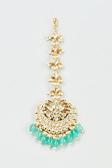 Gold Finish Yellow Kundan Polki & Green Pearl Lotus Maang Tikka