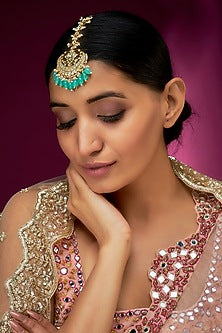 Gold Finish Yellow Kundan Polki & Green Pearl Lotus Maang Tikka