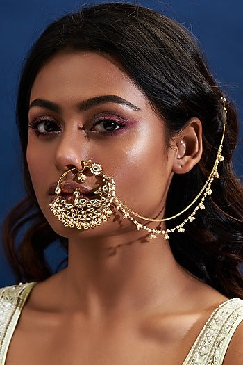 Gold Finish Yellow Kundan Polki Nath