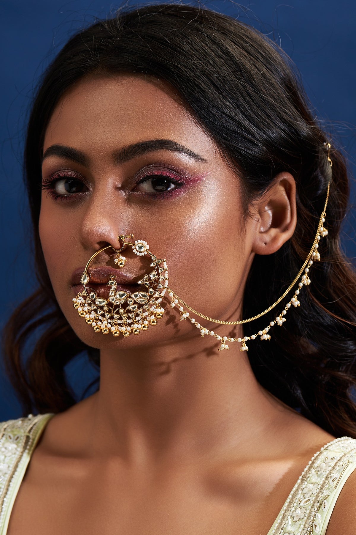 Gold Finish Yellow Kundan Polki Nath