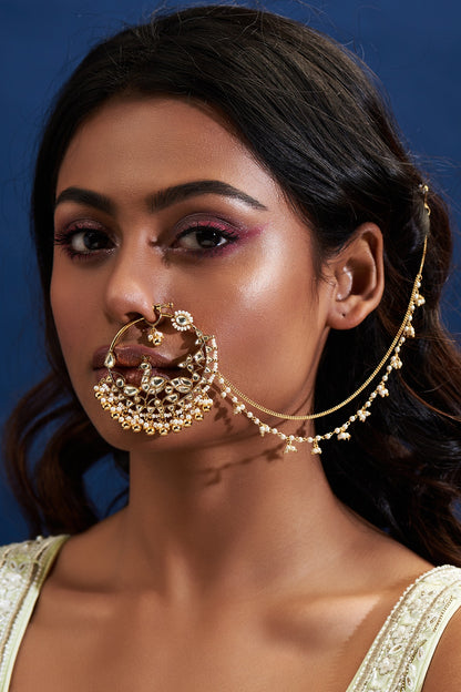 Gold Finish Yellow Kundan Polki Nath
