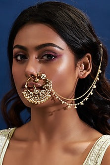 Gold Finish Yellow Kundan Polki Nath