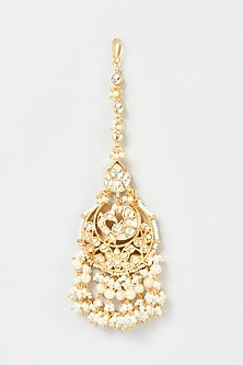 Gold Finish Yellow Kundan Polki & Grey Pearl Maang Tikka