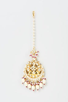 Gold Finish Yellow Kundan Polki & Pearl Maang Tikka