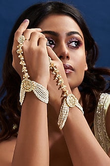 Gold Finish Yellow Kundan Polki Hathphool