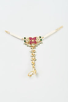 Gold Finish Red Kundan Polki & Green Pearl Hathphool