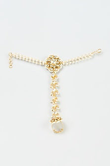 Gold Finish Yellow Kundan Polki & Pearl Hathphool