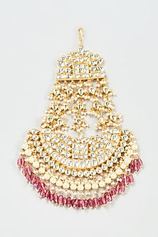 Gold Finish Yellow Kundan Polki & Pearl Chand Pasa