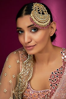 Gold Finish Yellow Kundan Polki & Pearl Chand Pasa