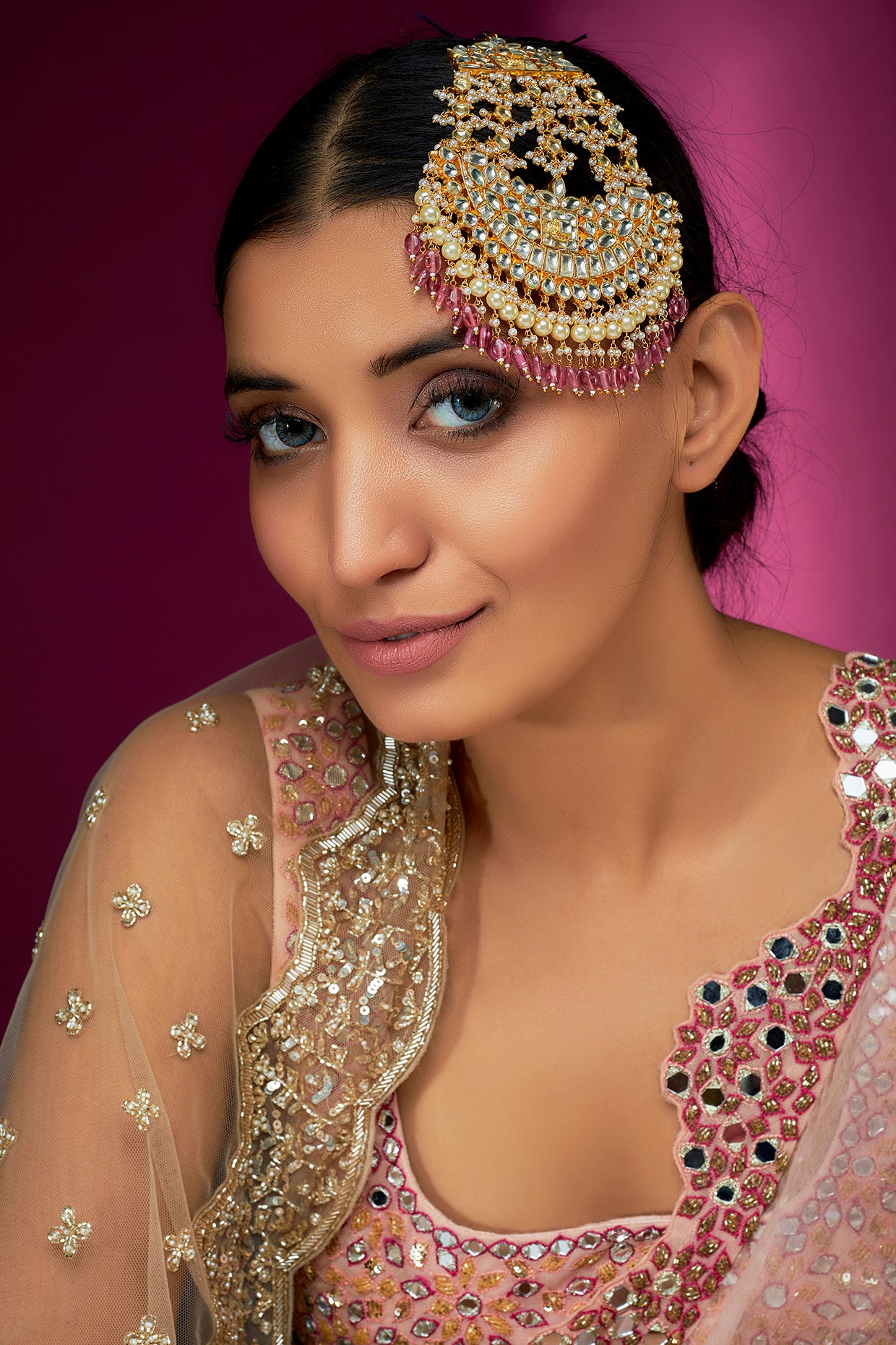 Gold Finish Yellow Kundan Polki & Pearl Chand Pasa