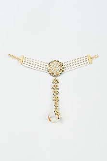 Gold Finish Yellow Kundan Polki & Pearl Net Hathphool