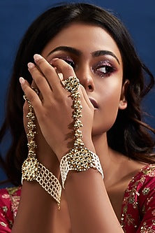 Gold Finish Yellow Kundan Polki & Pearl Net Hathphool