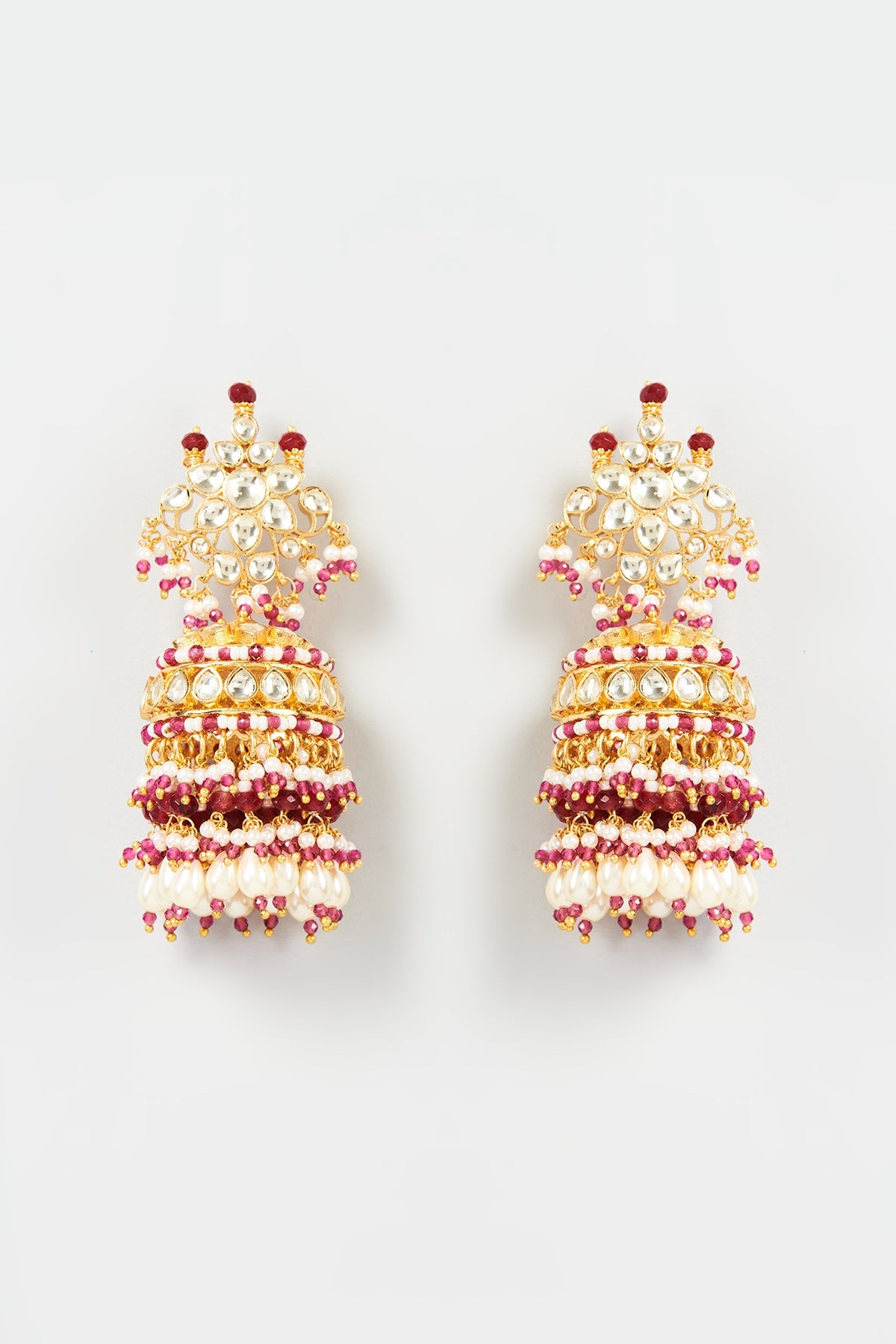 Gold Finish Yellow Kundan Polki & Maroon Pearl Jhumka Earrings