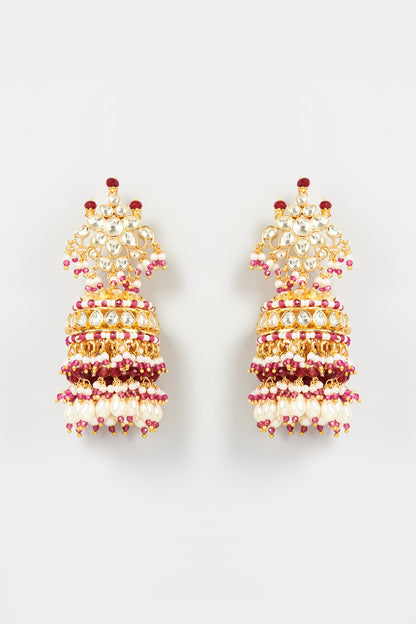 Gold Finish Yellow Kundan Polki & Maroon Pearl Jhumka Earrings