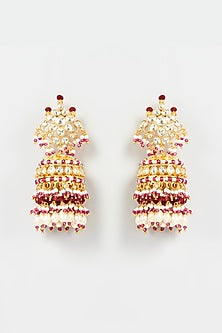 Gold Finish Yellow Kundan Polki & Maroon Pearl Jhumka Earrings