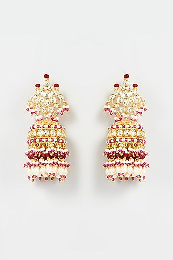Gold Finish Yellow Kundan Polki & Maroon Pearl Jhumka Earrings