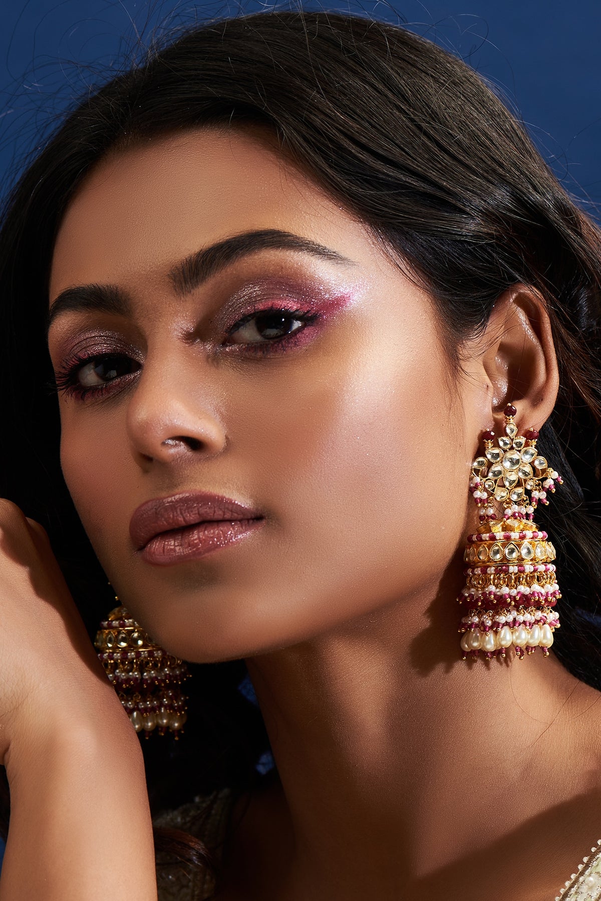 Gold Finish Yellow Kundan Polki & Maroon Pearl Jhumka Earrings