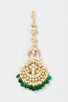 Gold Finish Yellow Kundan Polki & Pearl Maang Tikka